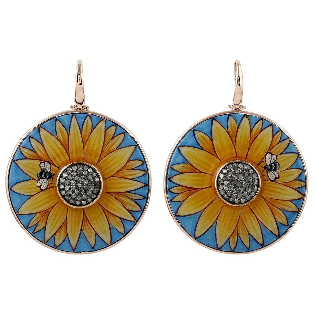 Enamel Hand Painted Diamond Sunflower 18 Karat Gold  Earrings