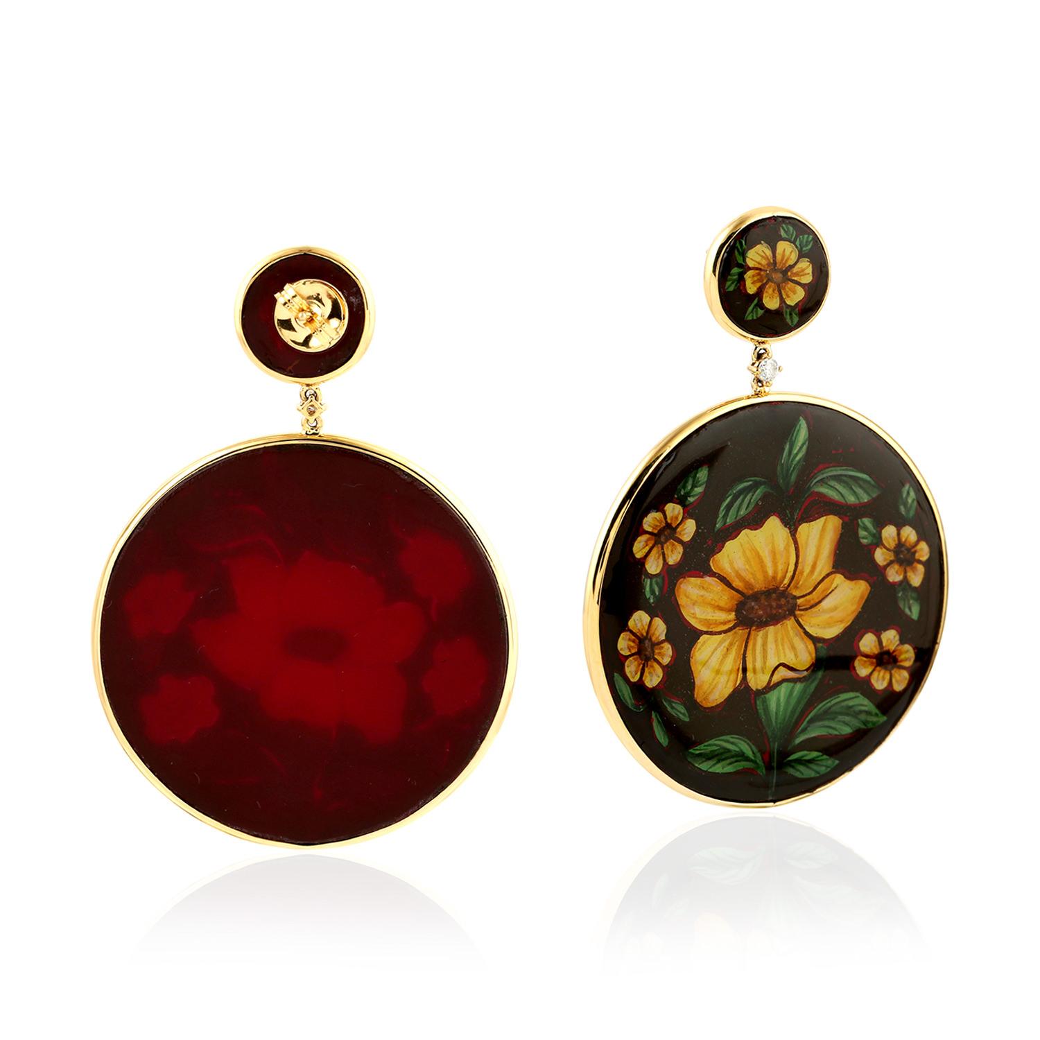 Pendientes Esmalte Pintados a Mano Diamante Amarillo Flor Oro 18 Kilates Artesano en venta