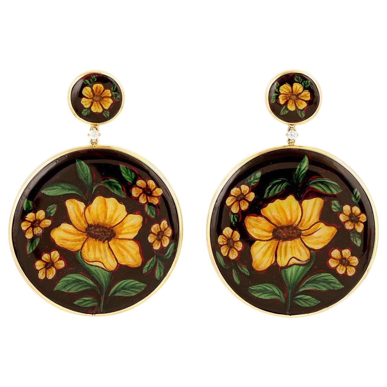 Enamel Hand Painted Diamond Yellow Flower 18 Karat Gold Earrings