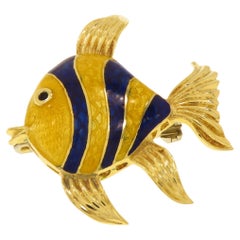 Enamel 18 Karat Yellow Gold Fish Vintage Brooch Handcrafted in Italy