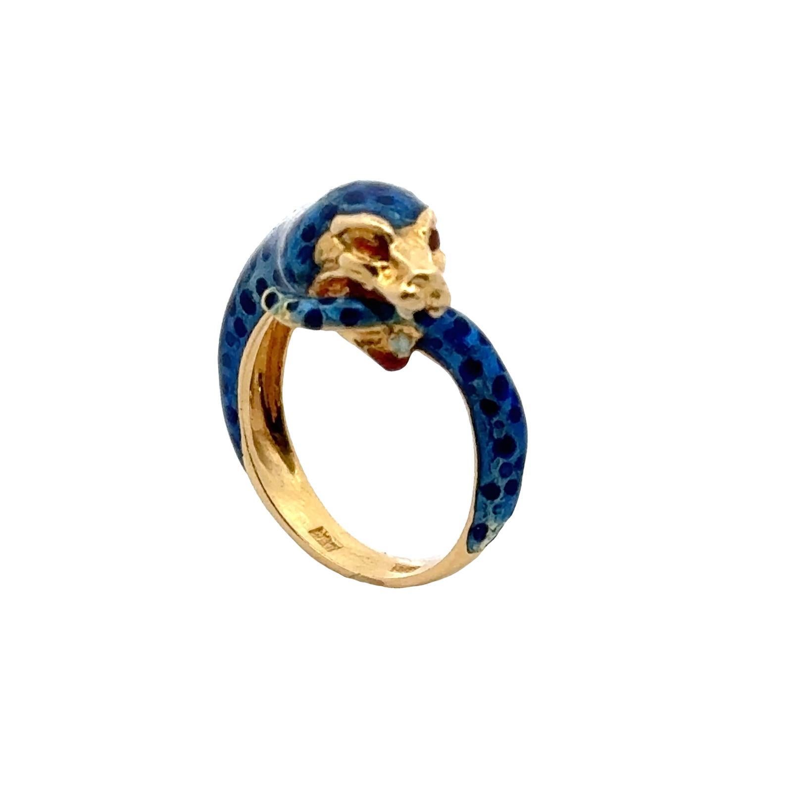 Enamel 18 Karat Yellow Gold Vintage Cougar Band Ring 4
