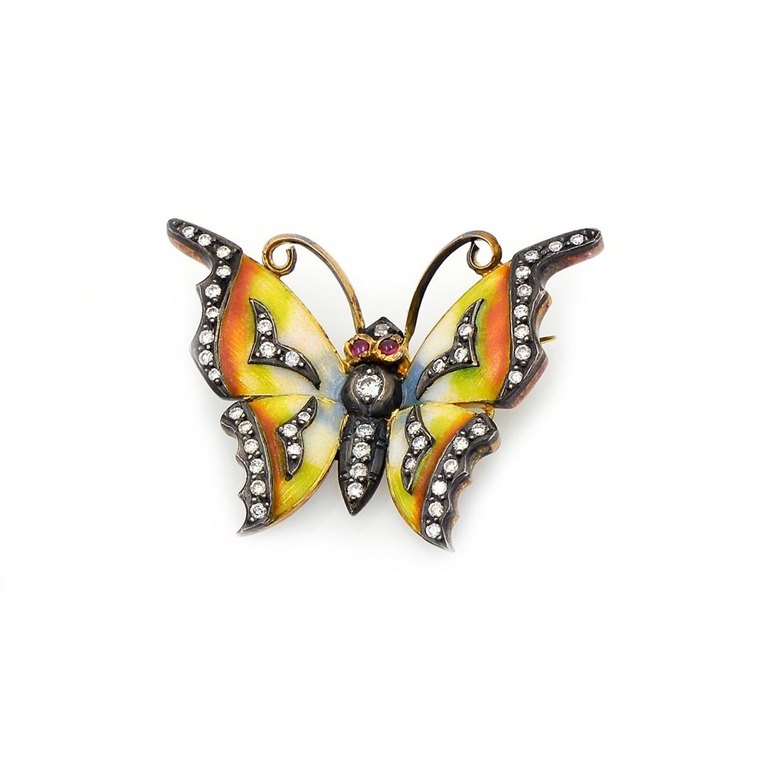 Arts and Crafts Enamel & 18k Gold Butterfly Pin