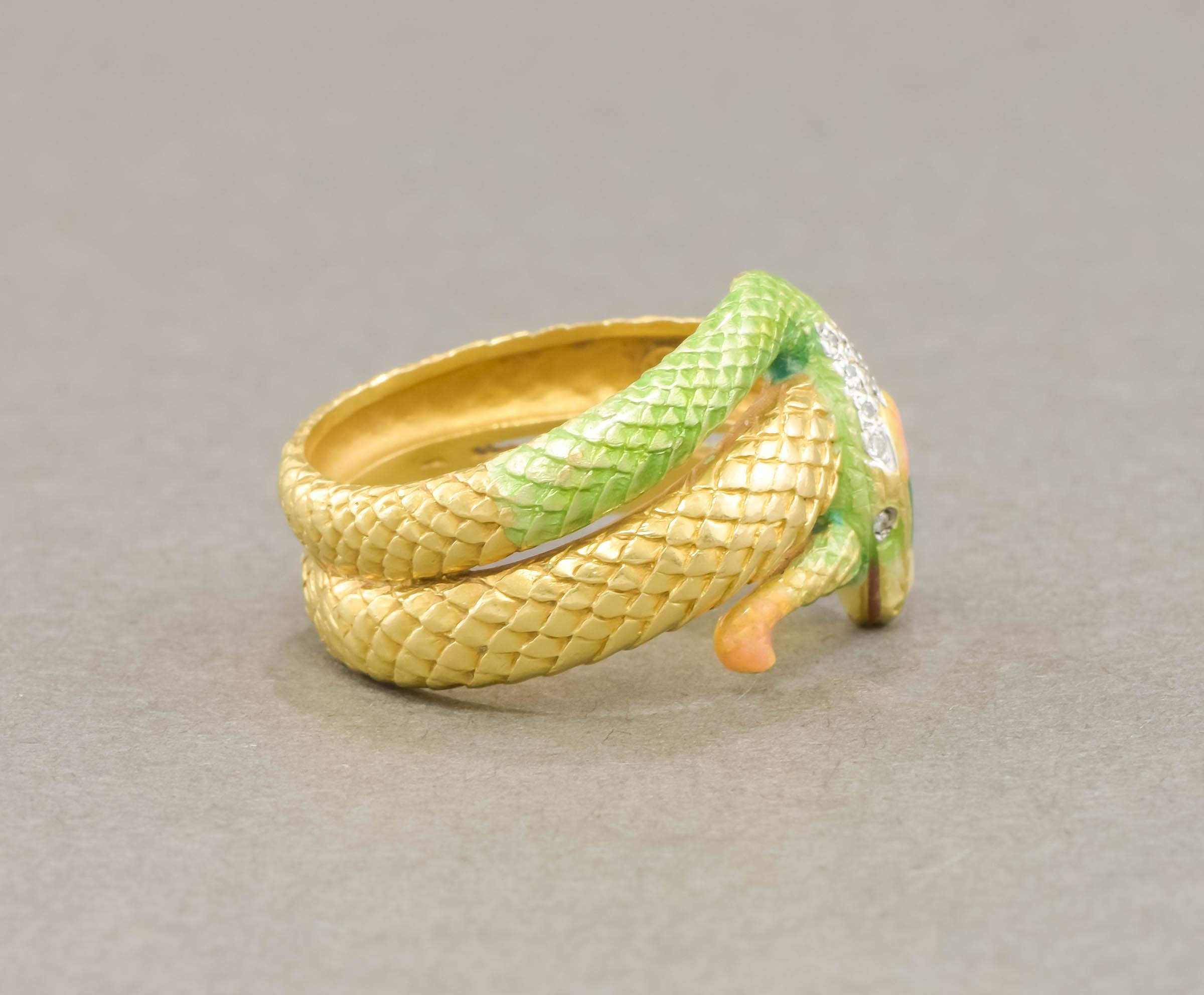 Enamel 18K Gold Diamond Snake Ring by Masriera, Original Boxes & Certificate 6
