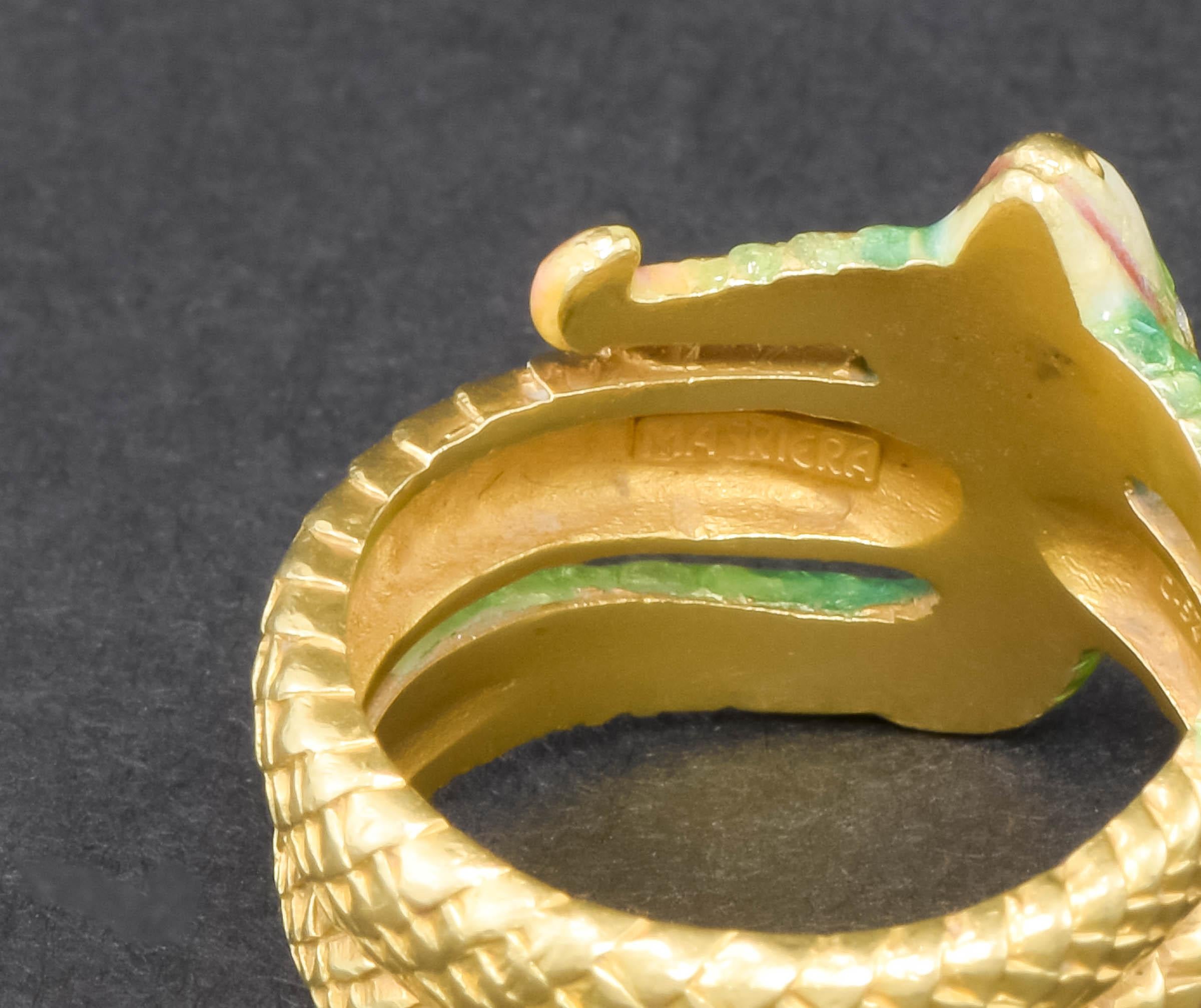 Enamel 18K Gold Diamond Snake Ring by Masriera, Original Boxes & Certificate 8