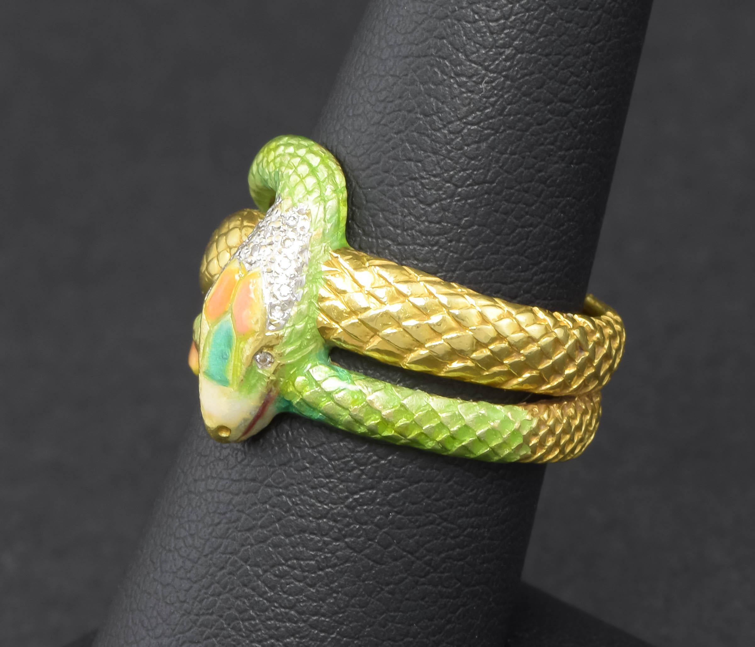 Art Nouveau Enamel 18K Gold Diamond Snake Ring by Masriera, Original Boxes & Certificate