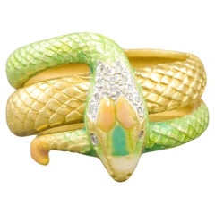 Vintage Enamel 18K Gold Diamond Snake Ring by Masriera, Original Boxes & Certificate