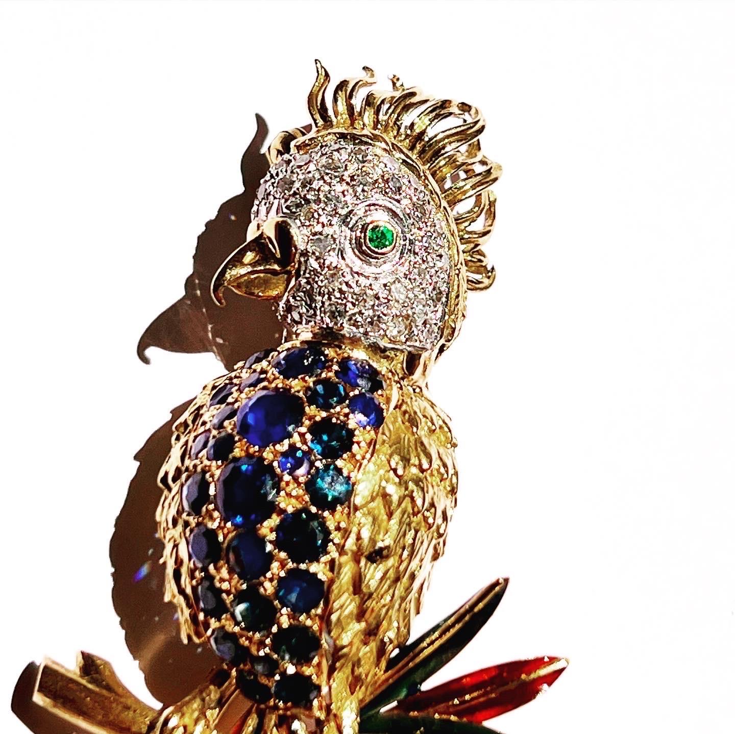 Brilliant Cut Enamel 18k White & Yellow Gold, Pavé Setting Sapphire Diamond Parrot Brooch For Sale