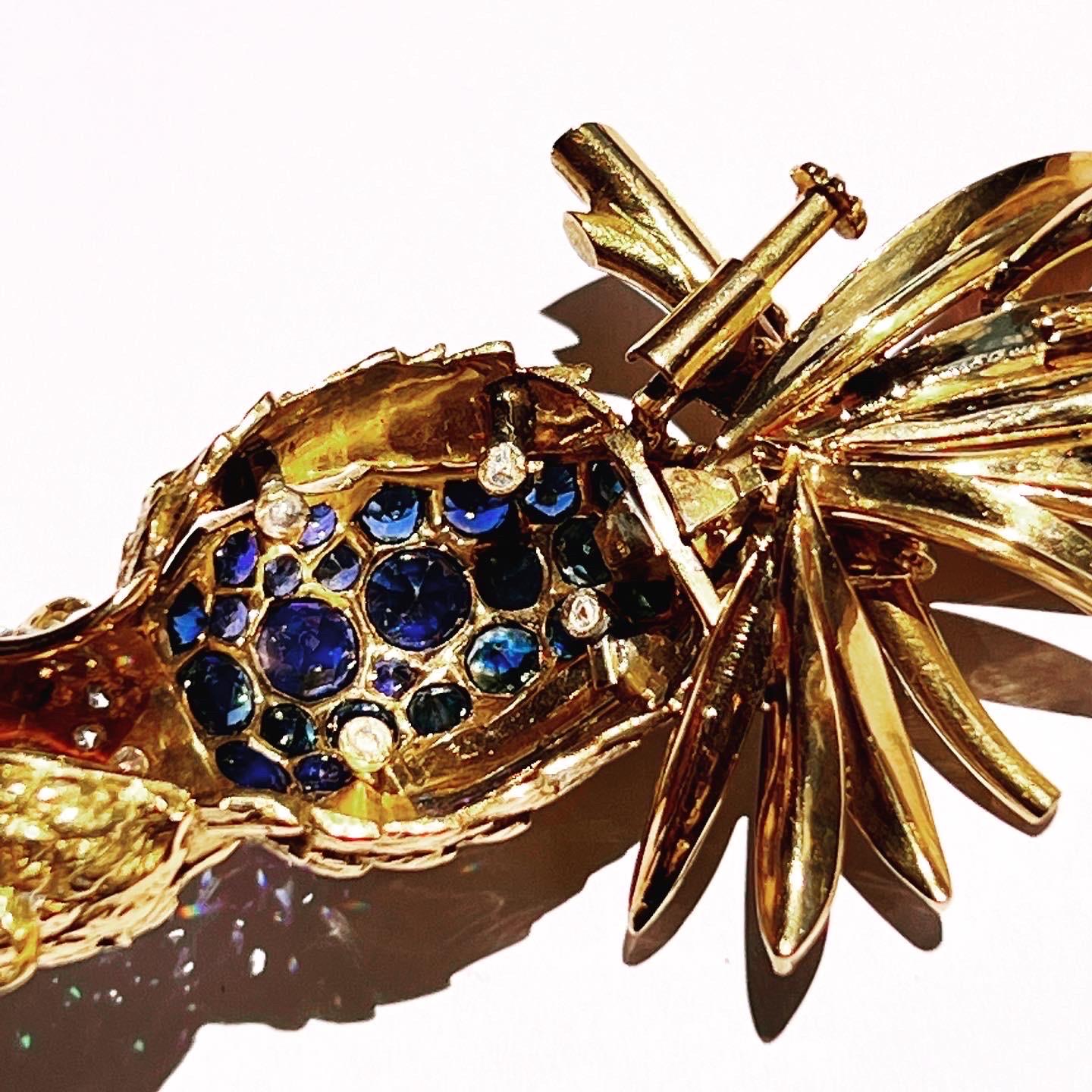 Enamel 18k White & Yellow Gold, Pavé Setting Sapphire Diamond Parrot Brooch For Sale 1