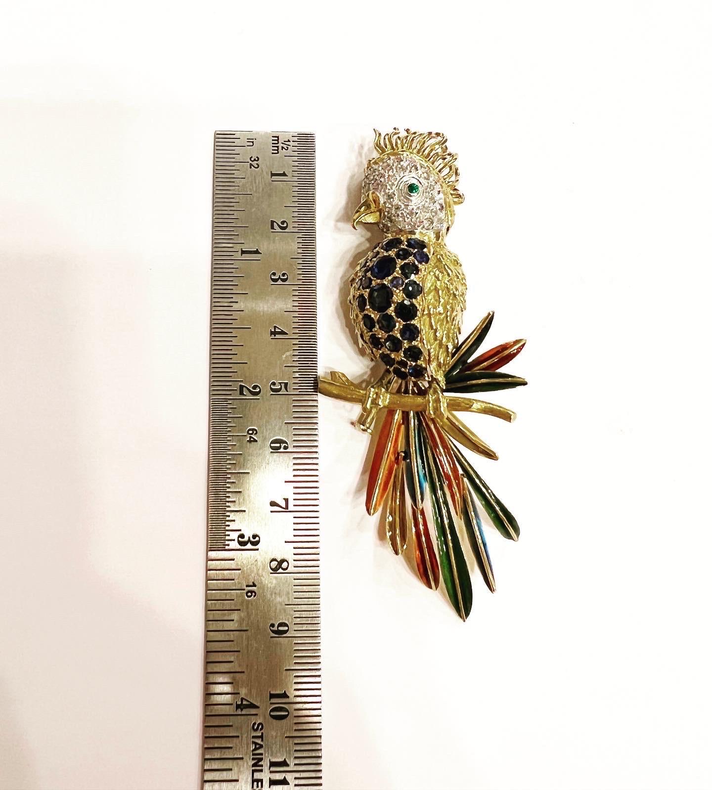 Enamel 18k White & Yellow Gold, Pavé Setting Sapphire Diamond Parrot Brooch For Sale 2