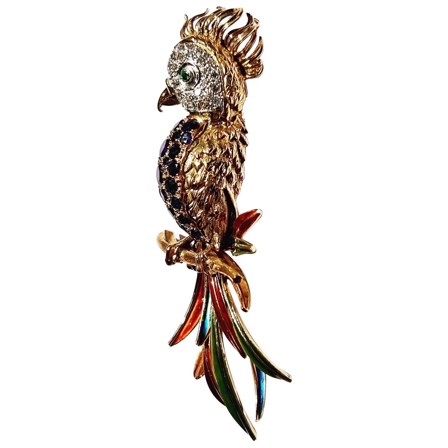 Broche perroquet en émail or blanc et jaune 18k, serti pavé saphir diamant