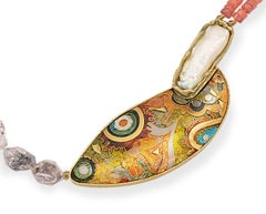 Enamel 24, 22 18 Karat Yellow Gold Biwa Pearl Carnelian Herkimer Beads Necklace