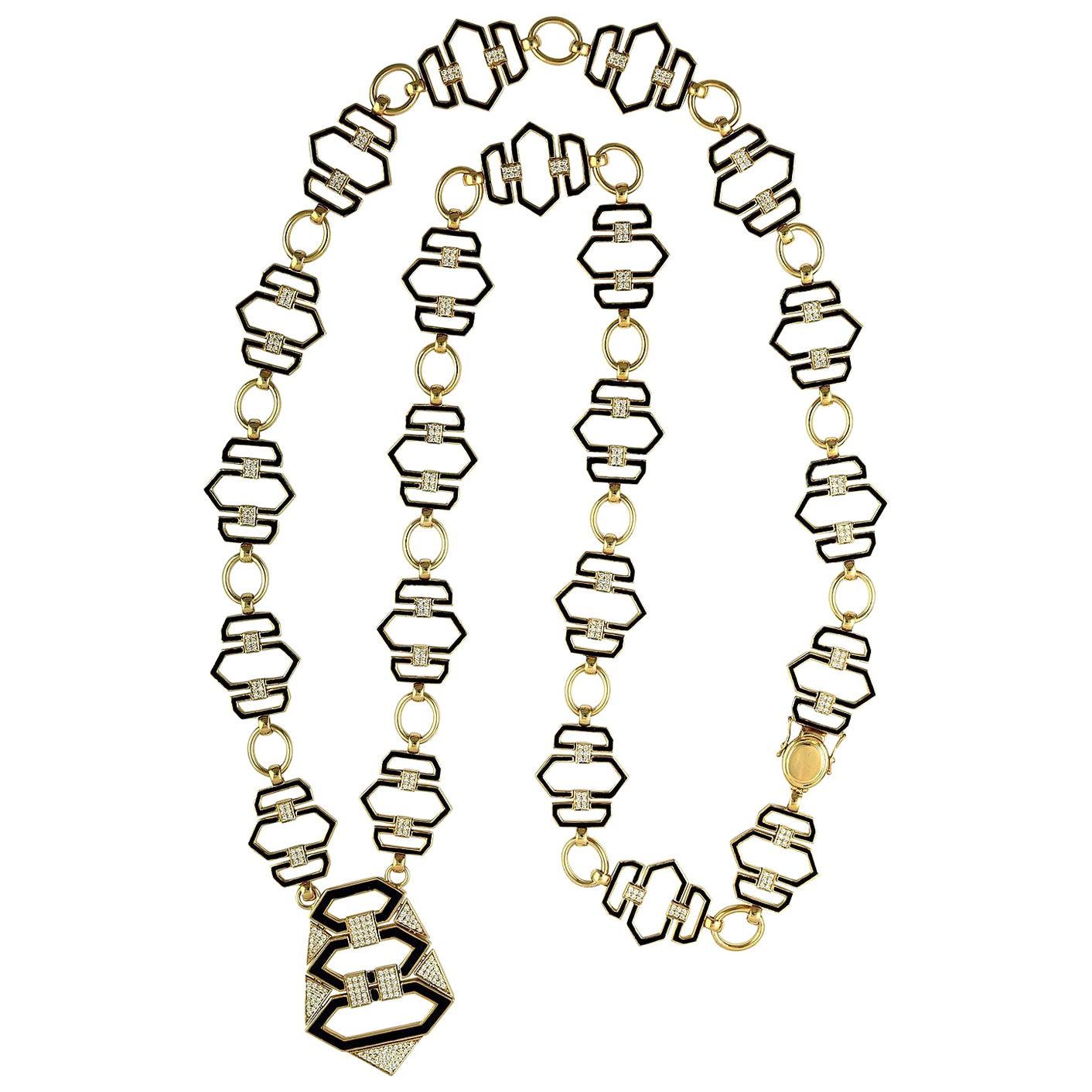 Enamel 3.78 Carat Diamond 18 Karat Gold Link Necklace
