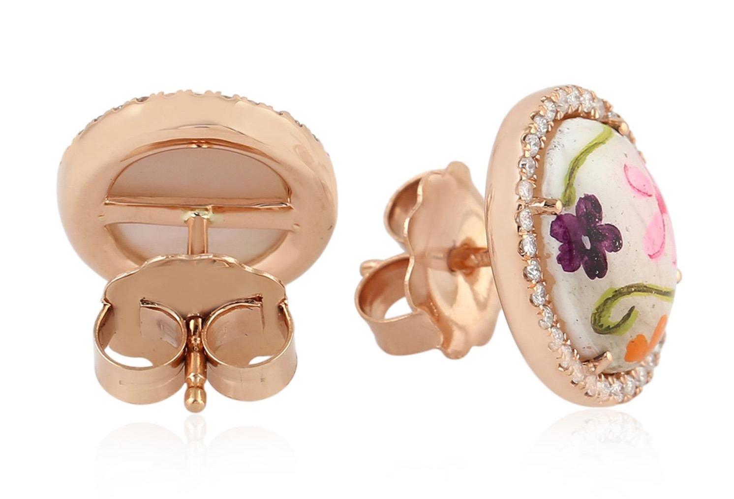 Artisan Enamel Floral Diamond 18 Karat Gold Stud Earrings For Sale