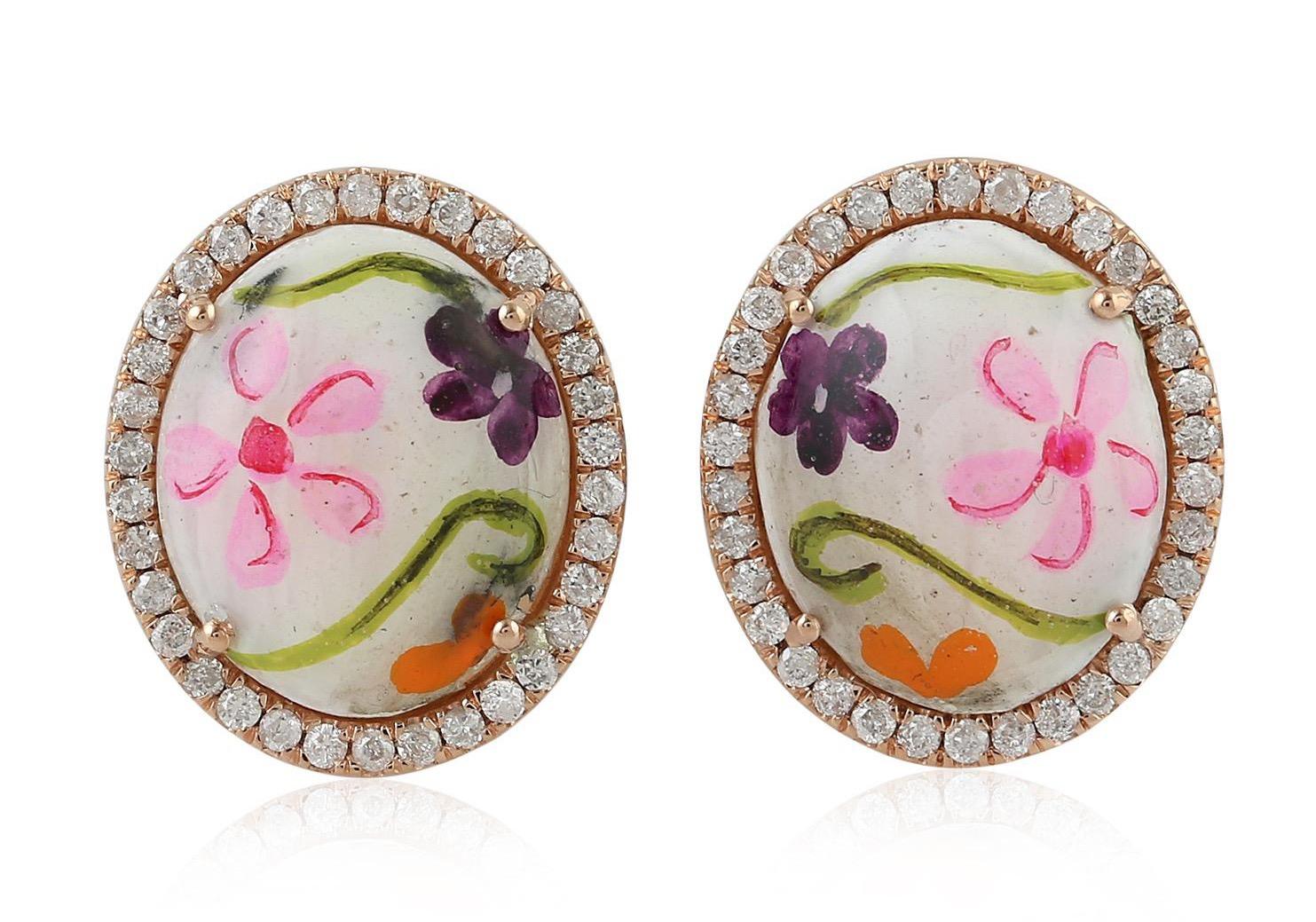Oval Cut Enamel Floral Diamond 18 Karat Gold Stud Earrings For Sale