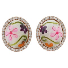 Enamel Floral Diamond 18 Karat Gold Stud Earrings