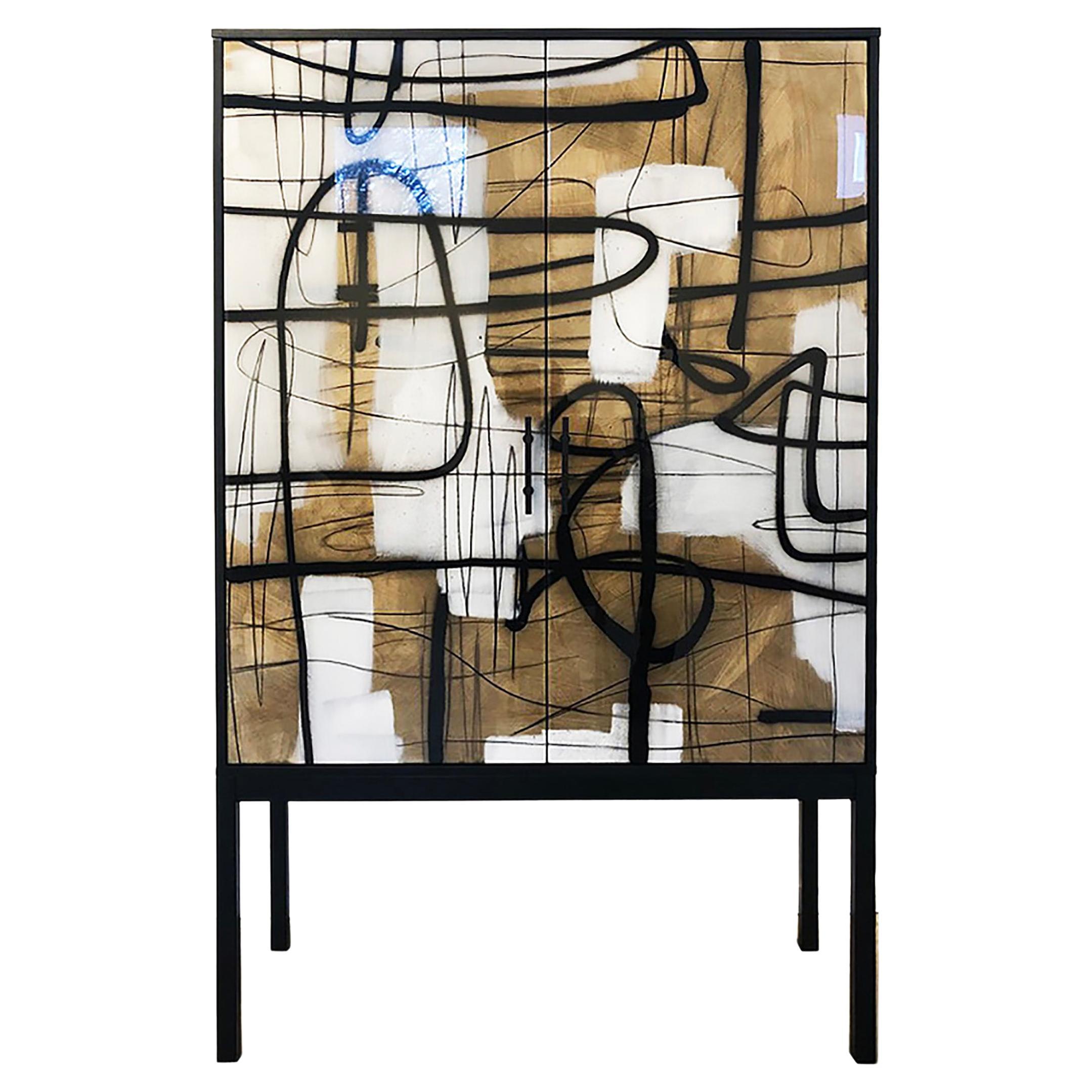 Armoire abstraite émaillée, œuvres d'art mixtes sur portes en vente