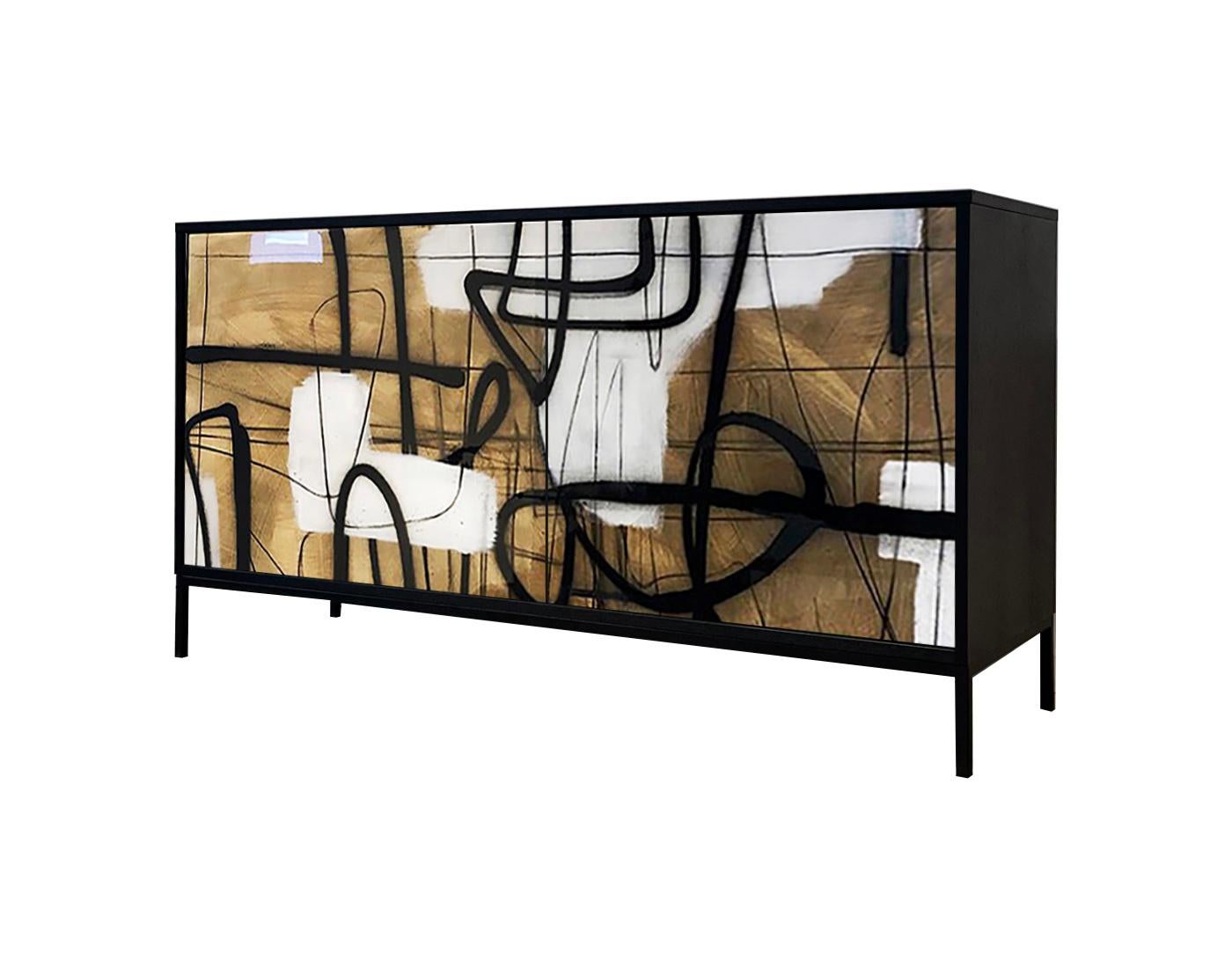 Modern Enamel Abstract cabinet by Morgan Clayhall, mix media artwork on doors For Sale
