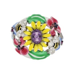 Enamel Amethyst Diamond Ruby Sapphire Gold “Bee Garden” Cocktail Ring