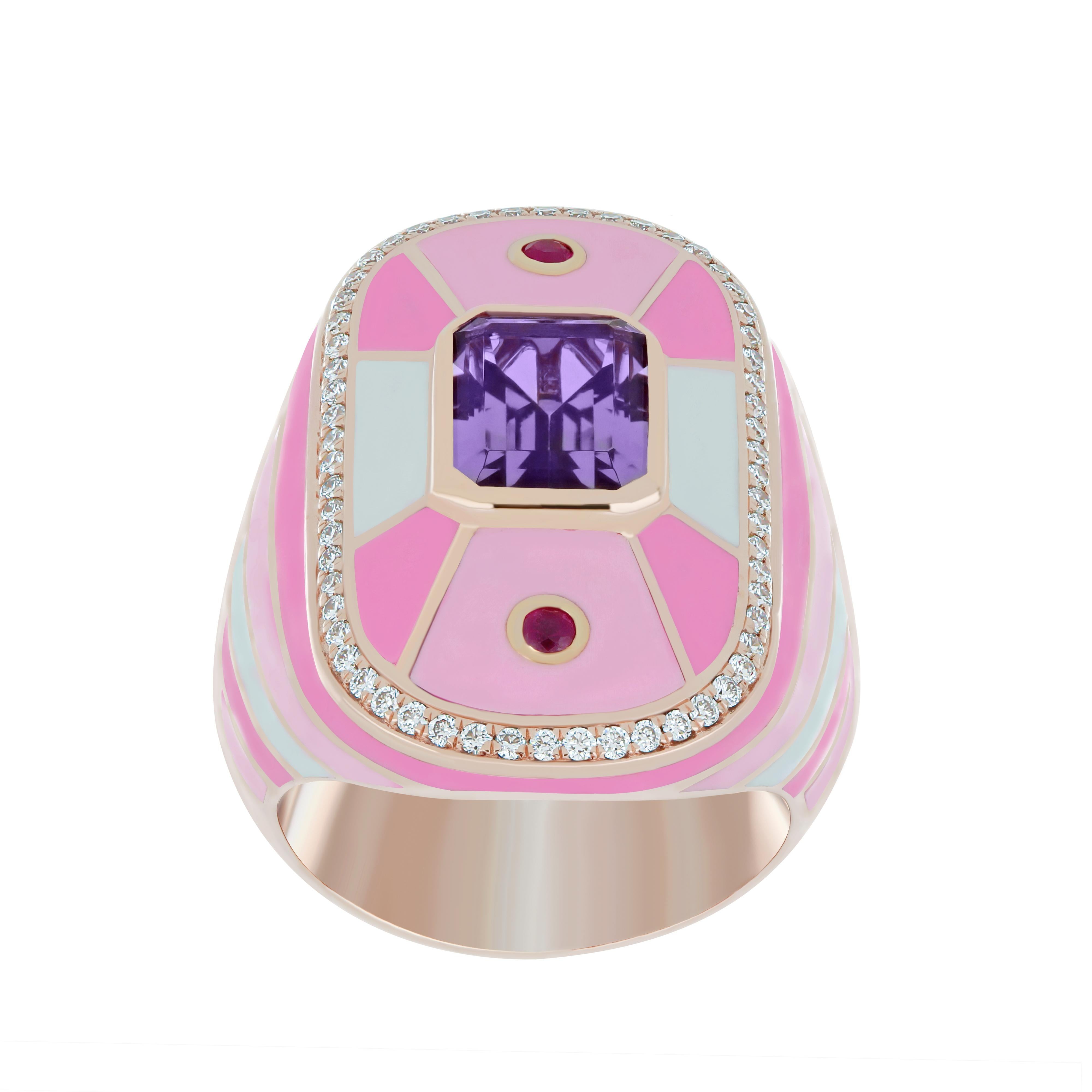 For Sale:  Enamel, Amethyst, Ruby and Diamond Studded Ring in 14K Gold 4