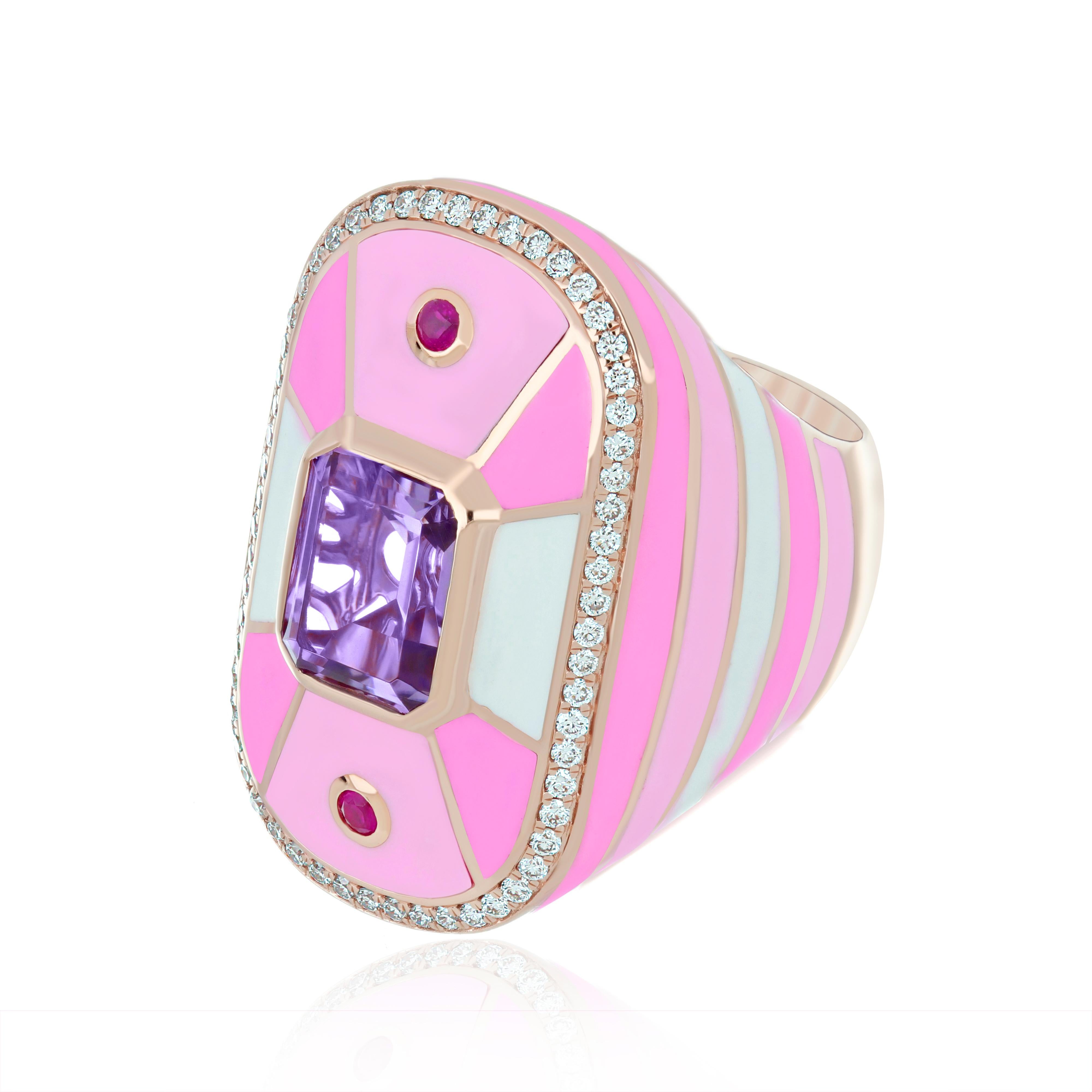 For Sale:  Enamel, Amethyst, Ruby and Diamond Studded Ring in 14K Gold 7