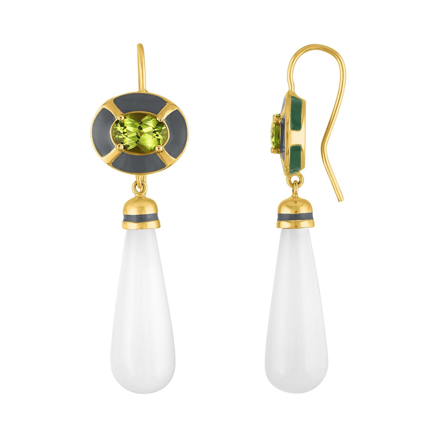 Enamel and 14 Karat Gold Drop Earring with Peridot and Moonstone