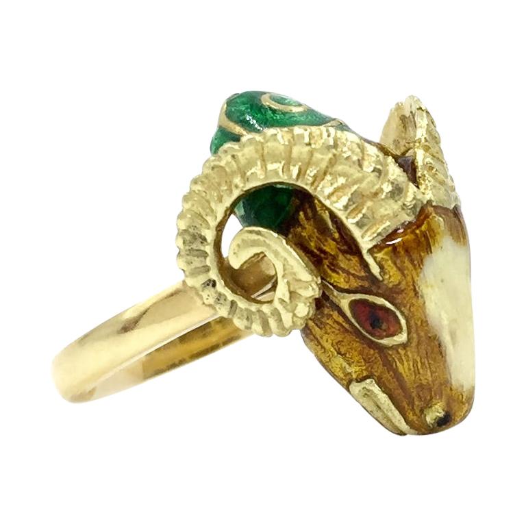 Enamel and 18 Karat Ram Head Ring, circa 1960s For Sale
