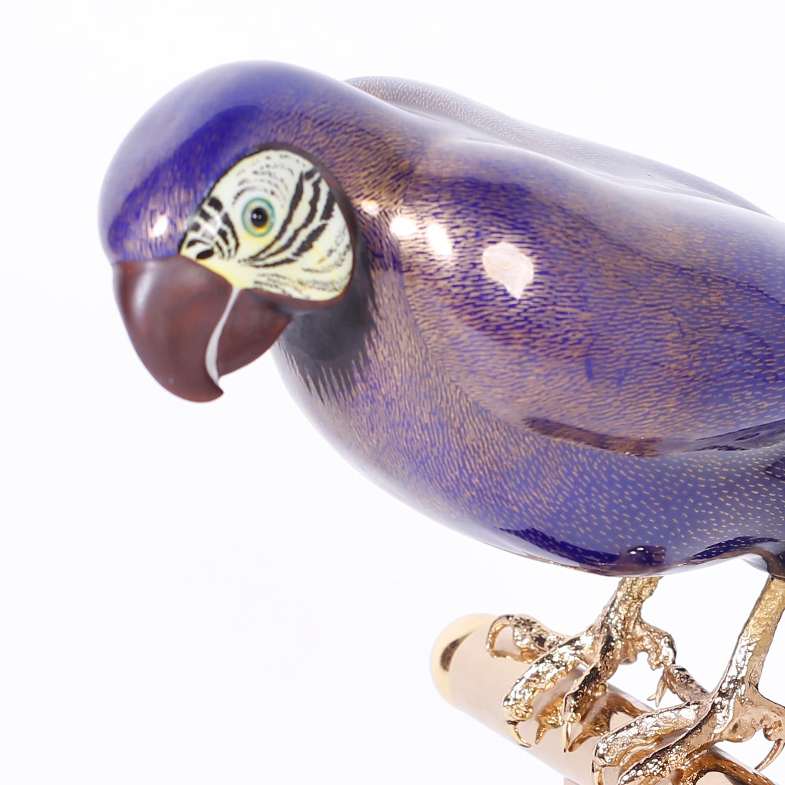Art Deco Enamel and Brass Parrot on a Stand