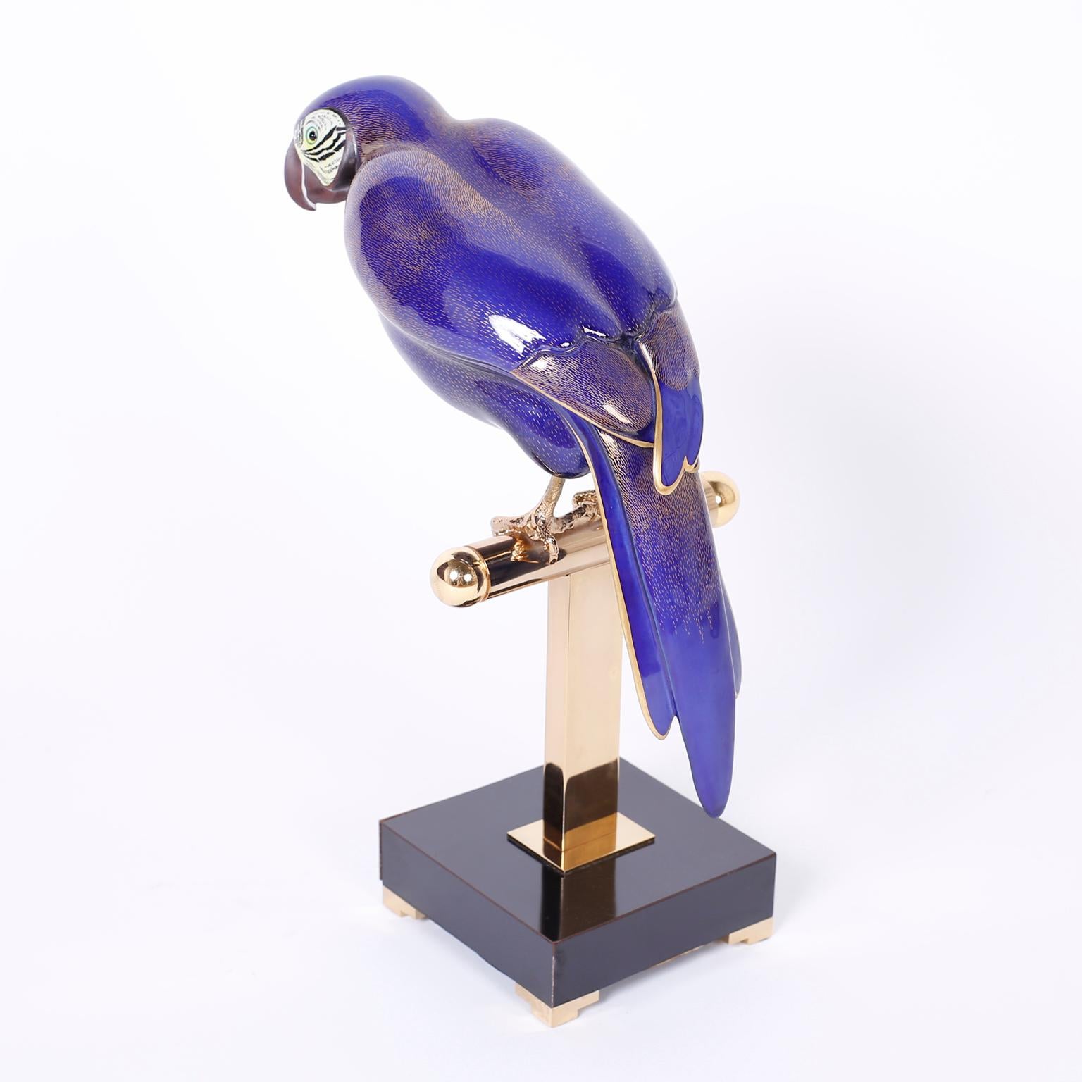 Italian Enamel and Brass Parrot on a Stand