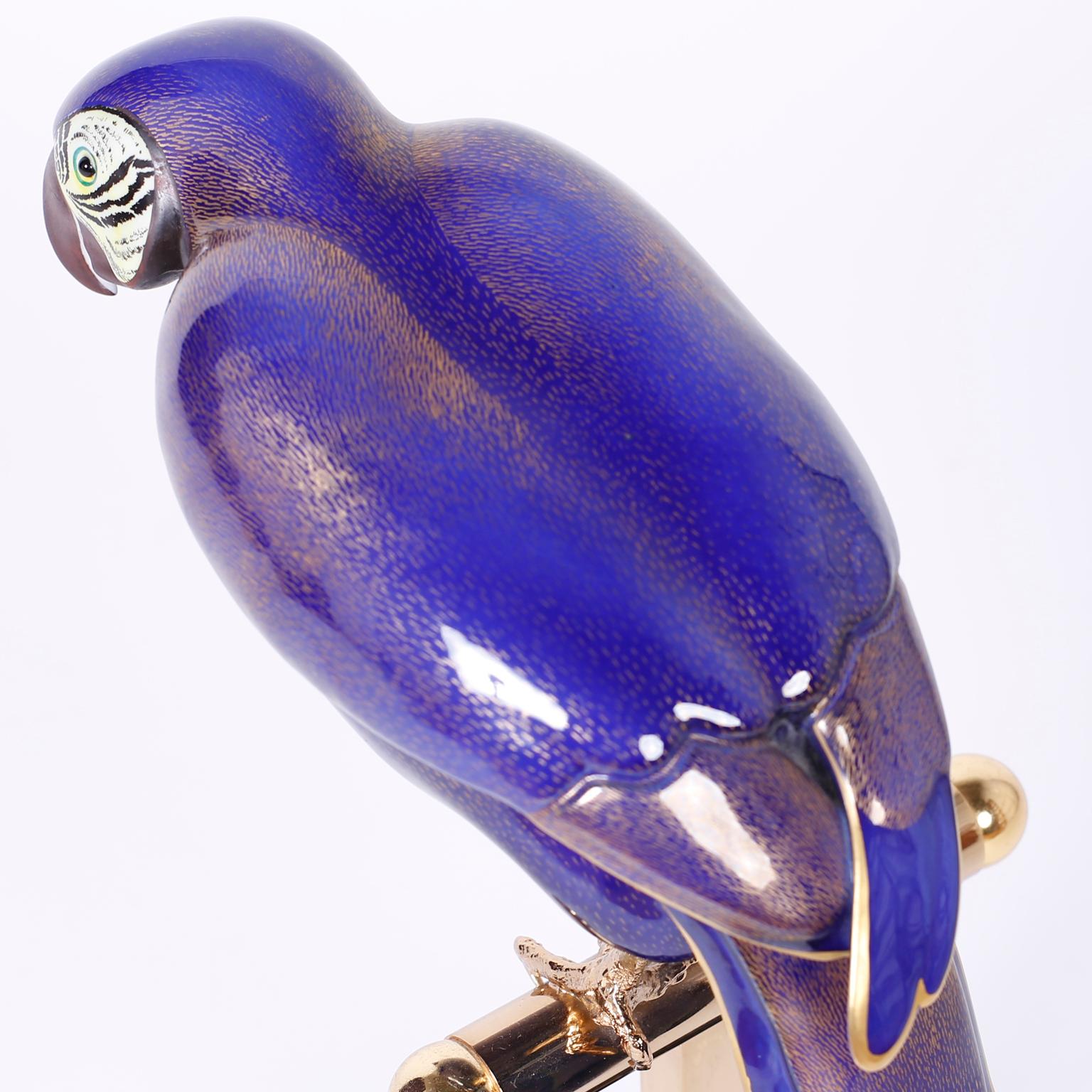Enamel and Brass Parrot on a Stand In Good Condition In Palm Beach, FL
