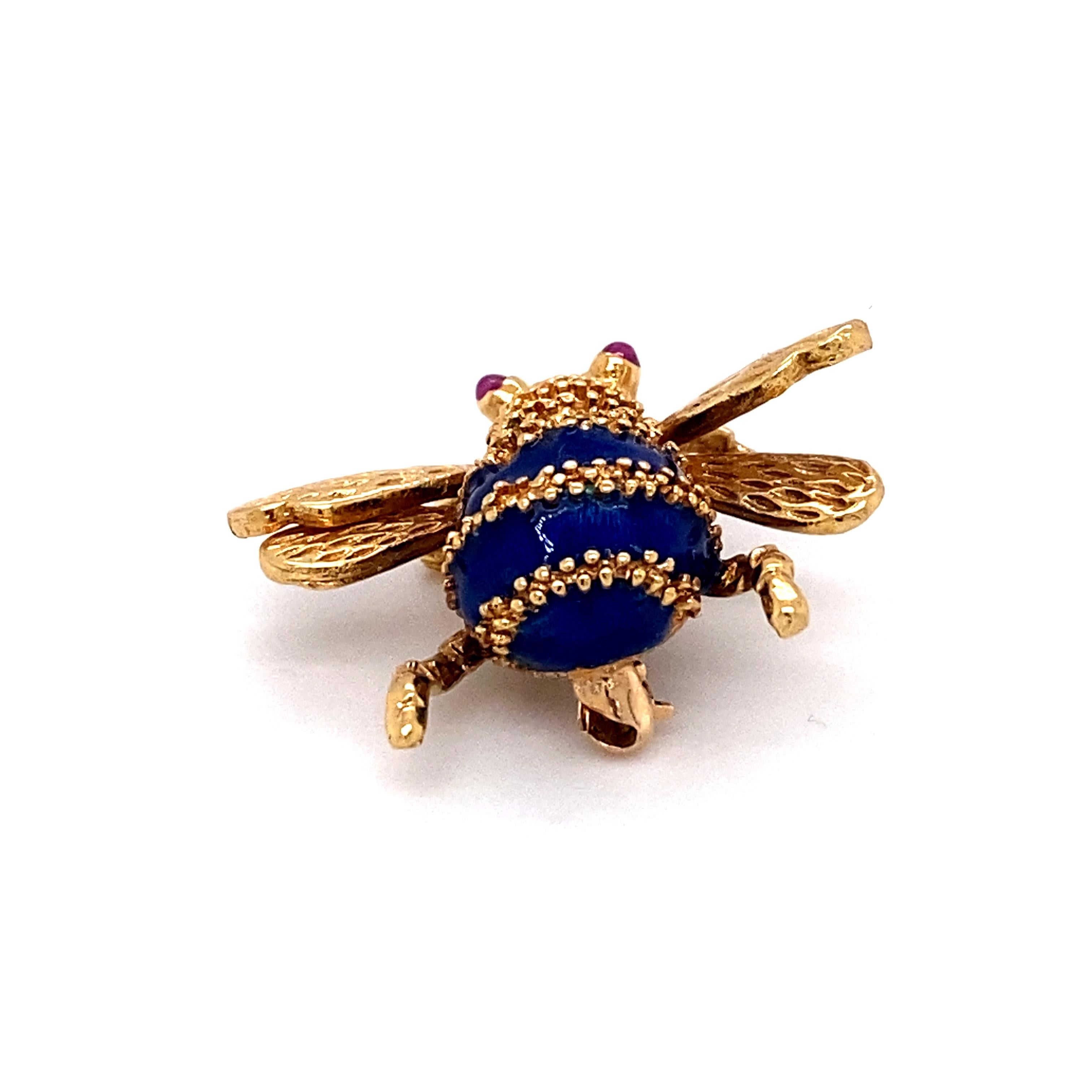 Round Cut Enamel and Cabochon Ruby Bee Brooch in 18 Karat Gold For Sale