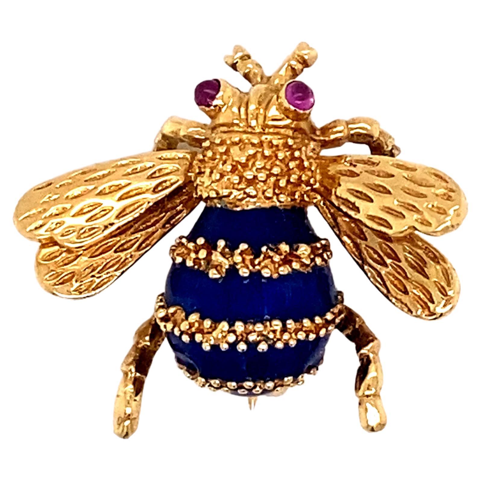 Enamel and Cabochon Ruby Bee Brooch in 18 Karat Gold For Sale