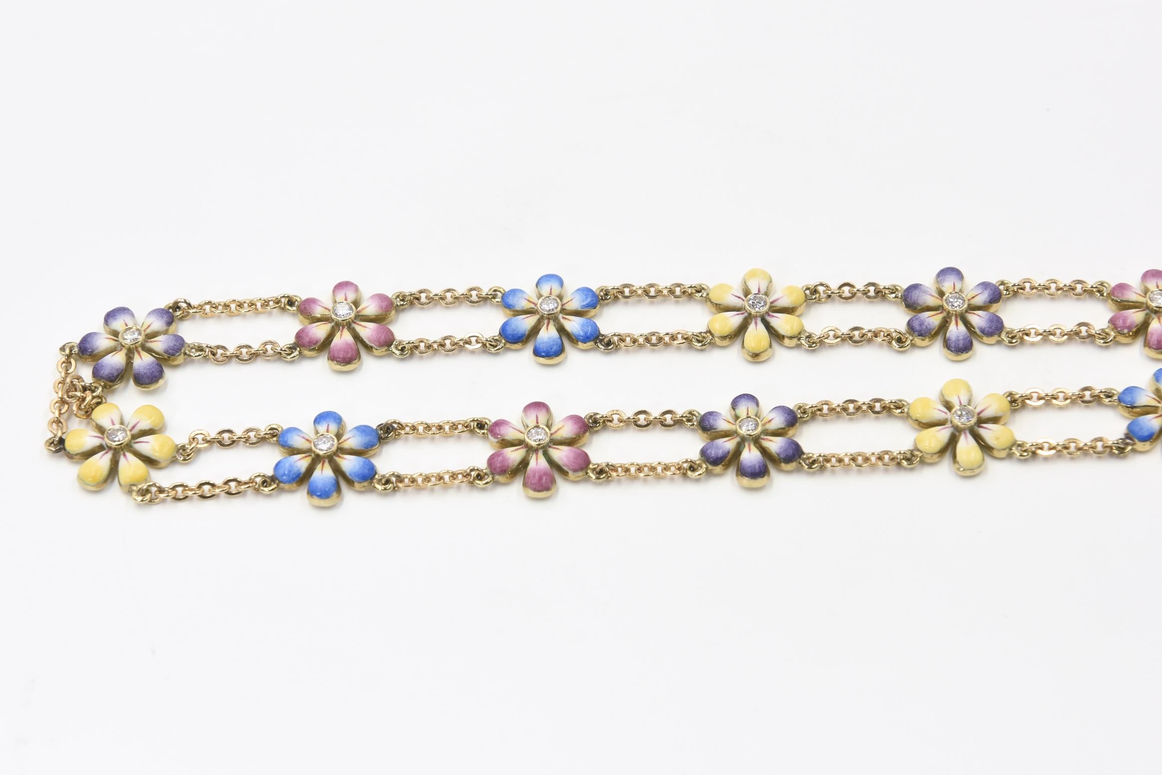 Round Cut Enamel and Diamond Daisy Flower Gold Necklace by Sandra J Sensations For Sale