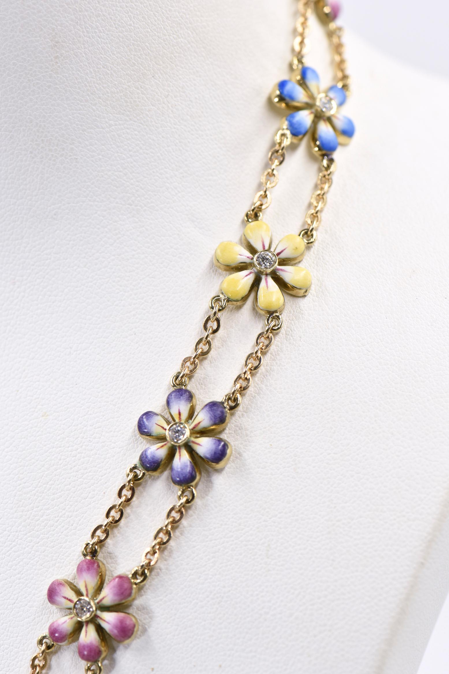 Enamel and Diamond Daisy Flower Gold Necklace by Sandra J Sensations For Sale 3