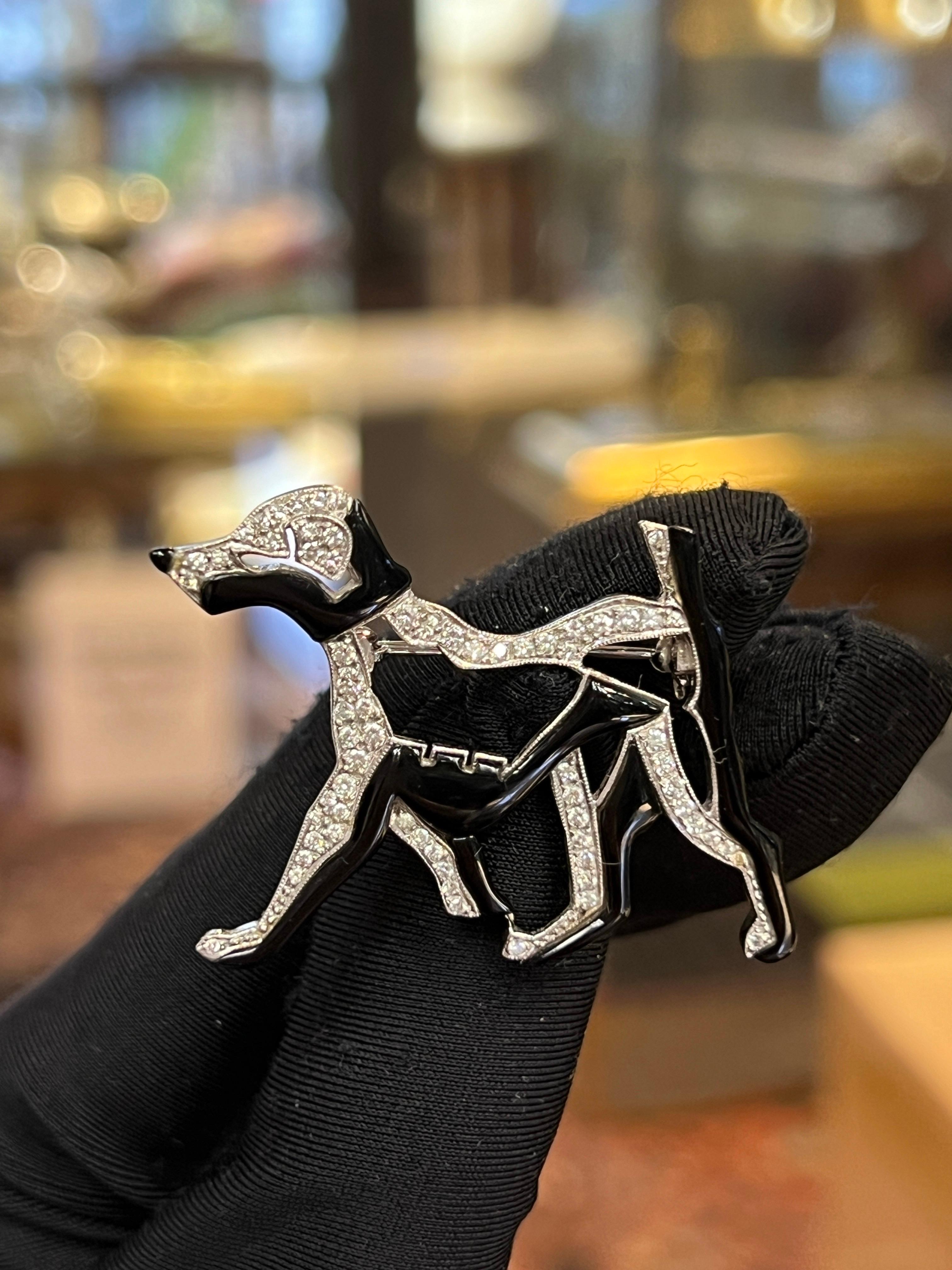 Round Cut Enamel and Diamond Dog Brooch For Sale
