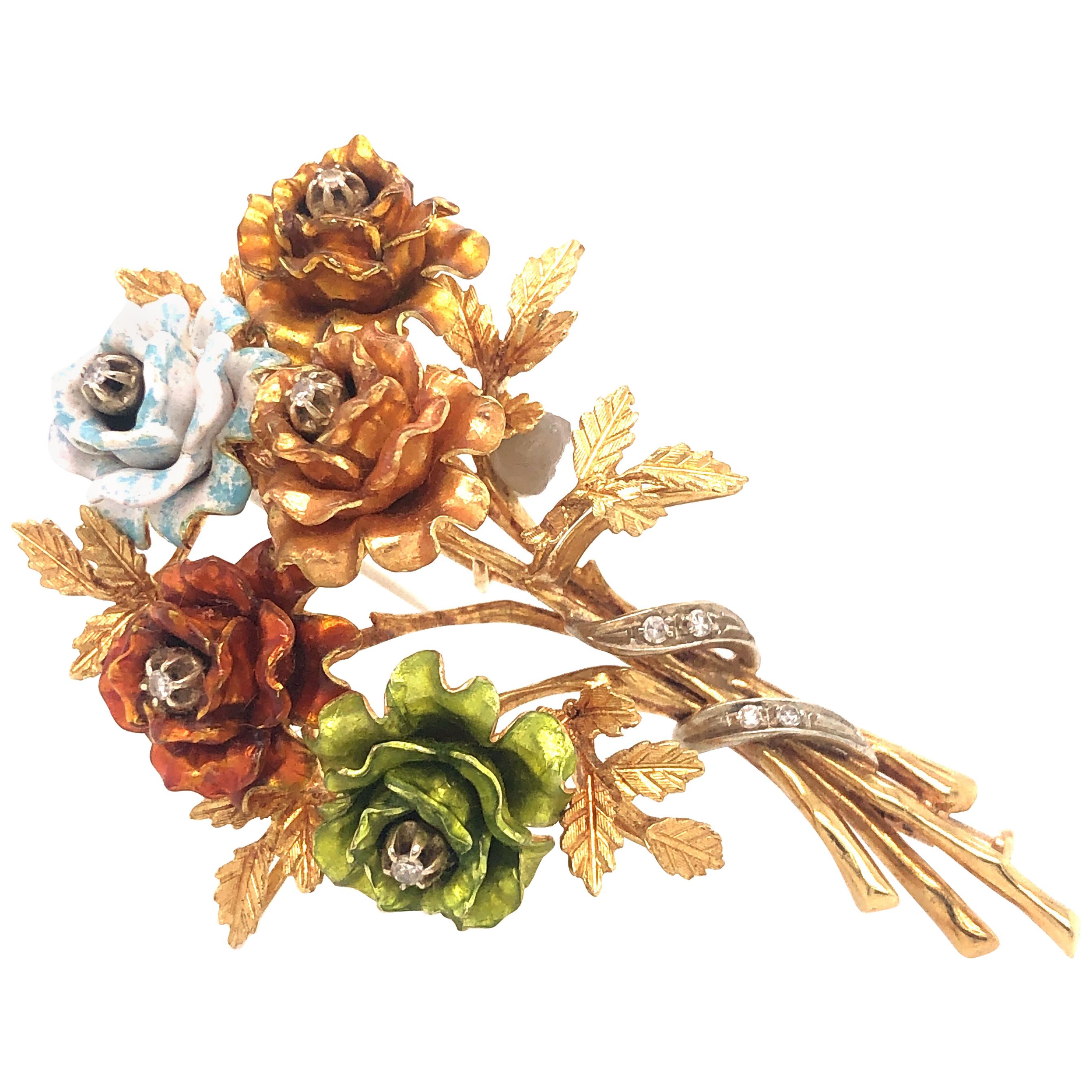 Enamel and Diamond Flower Brooch 18 Karat Yellow Gold