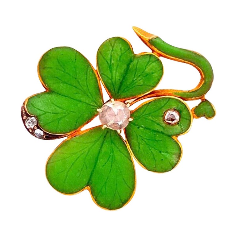 Enamel and Diamond Four Leaf Clover Gold Shamrock Brooch Pin Estate
