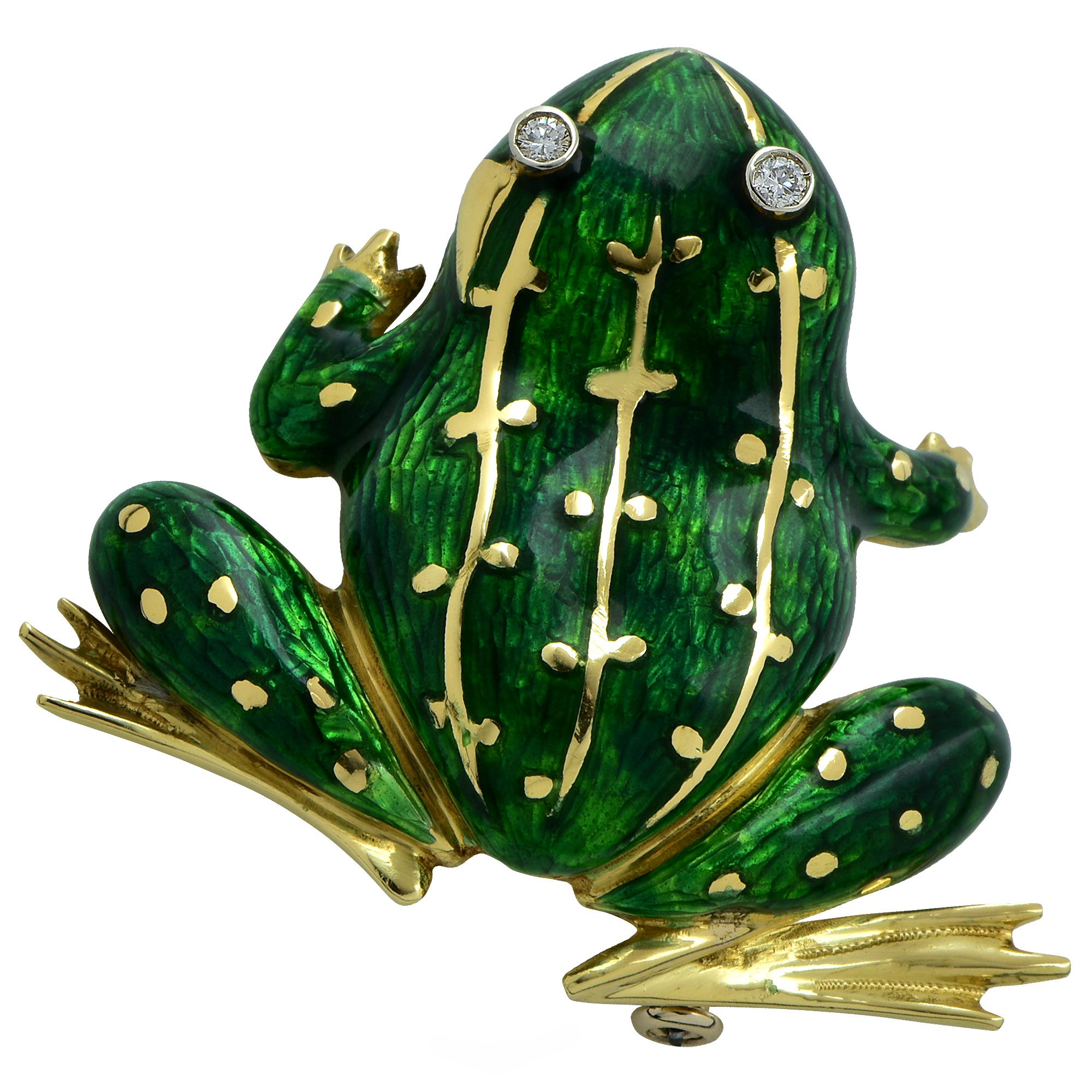 Modern Enamel and Diamond Frog 18 Karat Yellow Gold Brooch Pin
