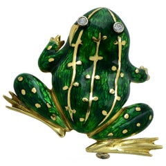 Enamel and Diamond Frog 18 Karat Yellow Gold Brooch Pin