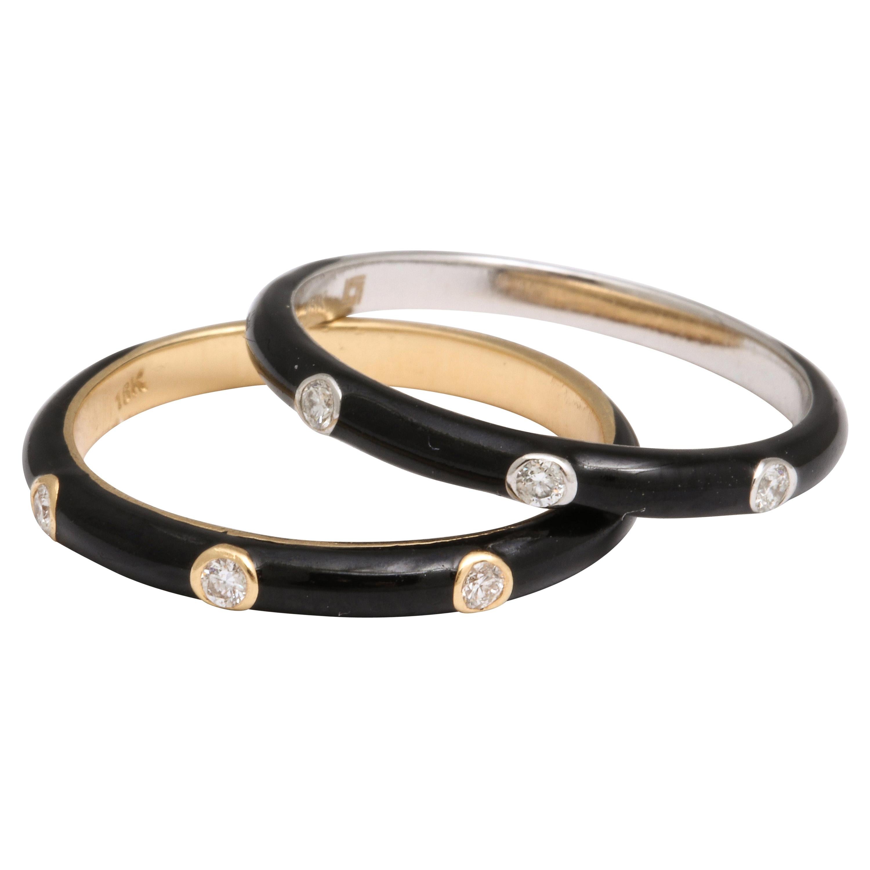 Enamel and Diamond Gold Stacking Rings