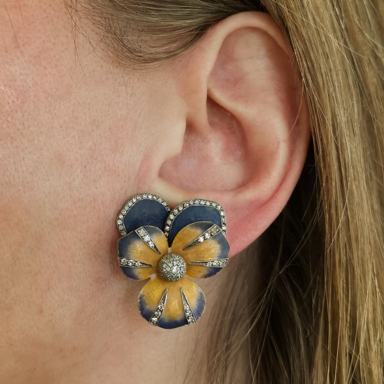 Enamel and Diamond Pansy Flower Earrings For Sale at 1stDibs
