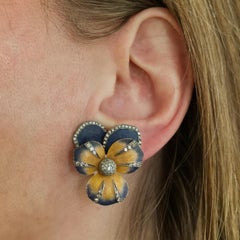 Enamel and Diamond Pansy Flower Earrings