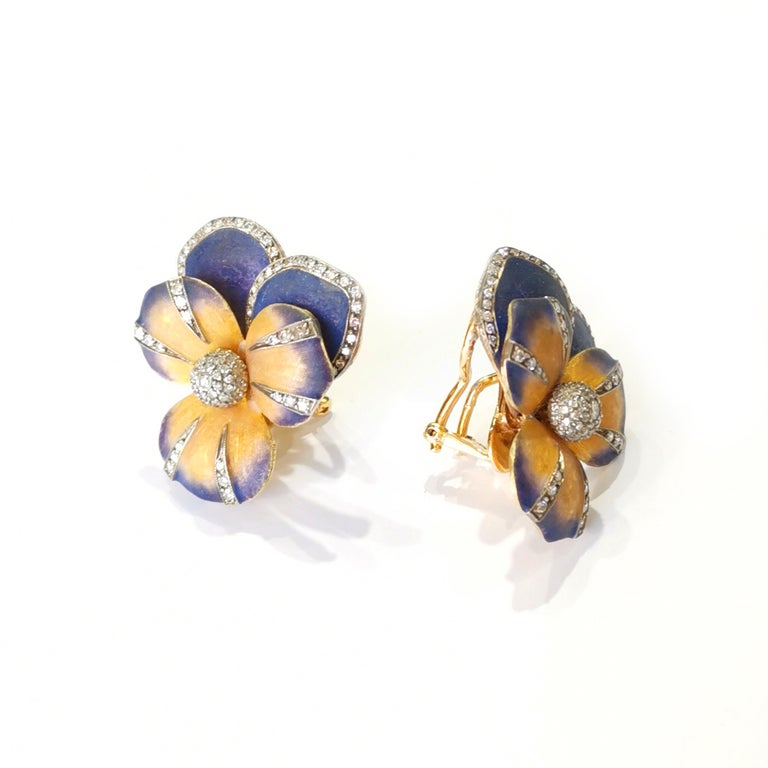 Enamel and Diamond Pansy Flower Earrings For Sale at 1stDibs