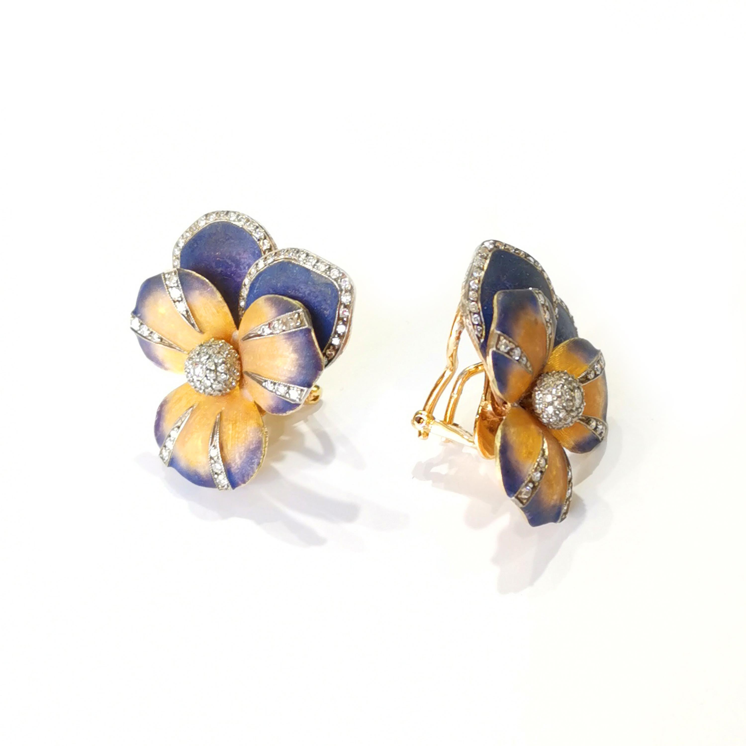 Modern Enamel and Diamond Pansy Flower Earrings For Sale