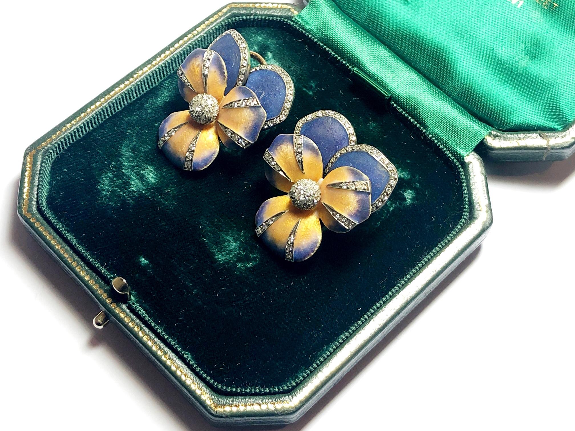 Enamel and Diamond Pansy Flower Earrings In New Condition For Sale In London, GB