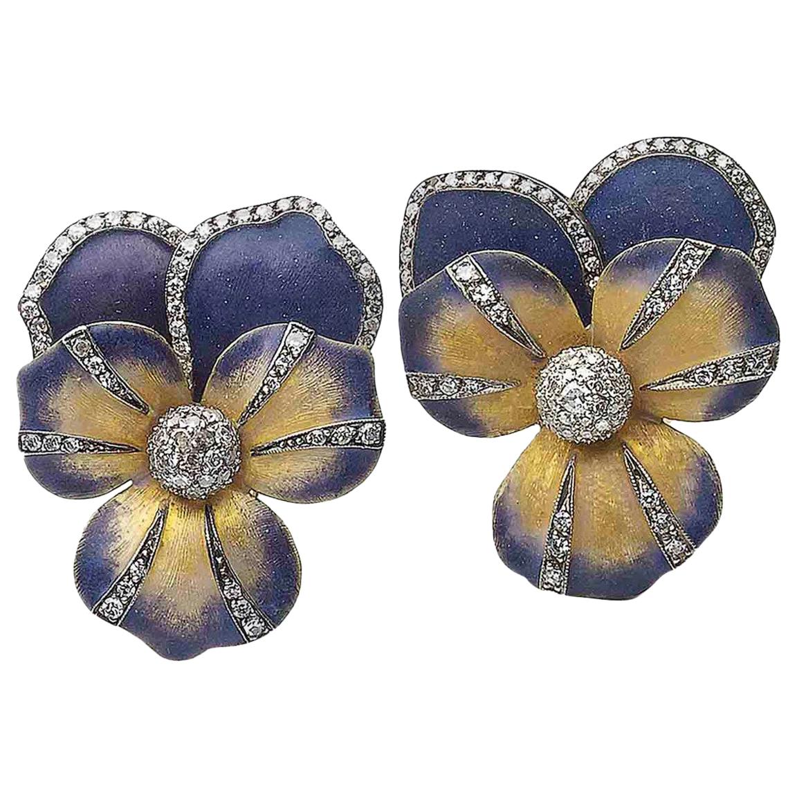 Enamel and Diamond Pansy Flower Earrings For Sale