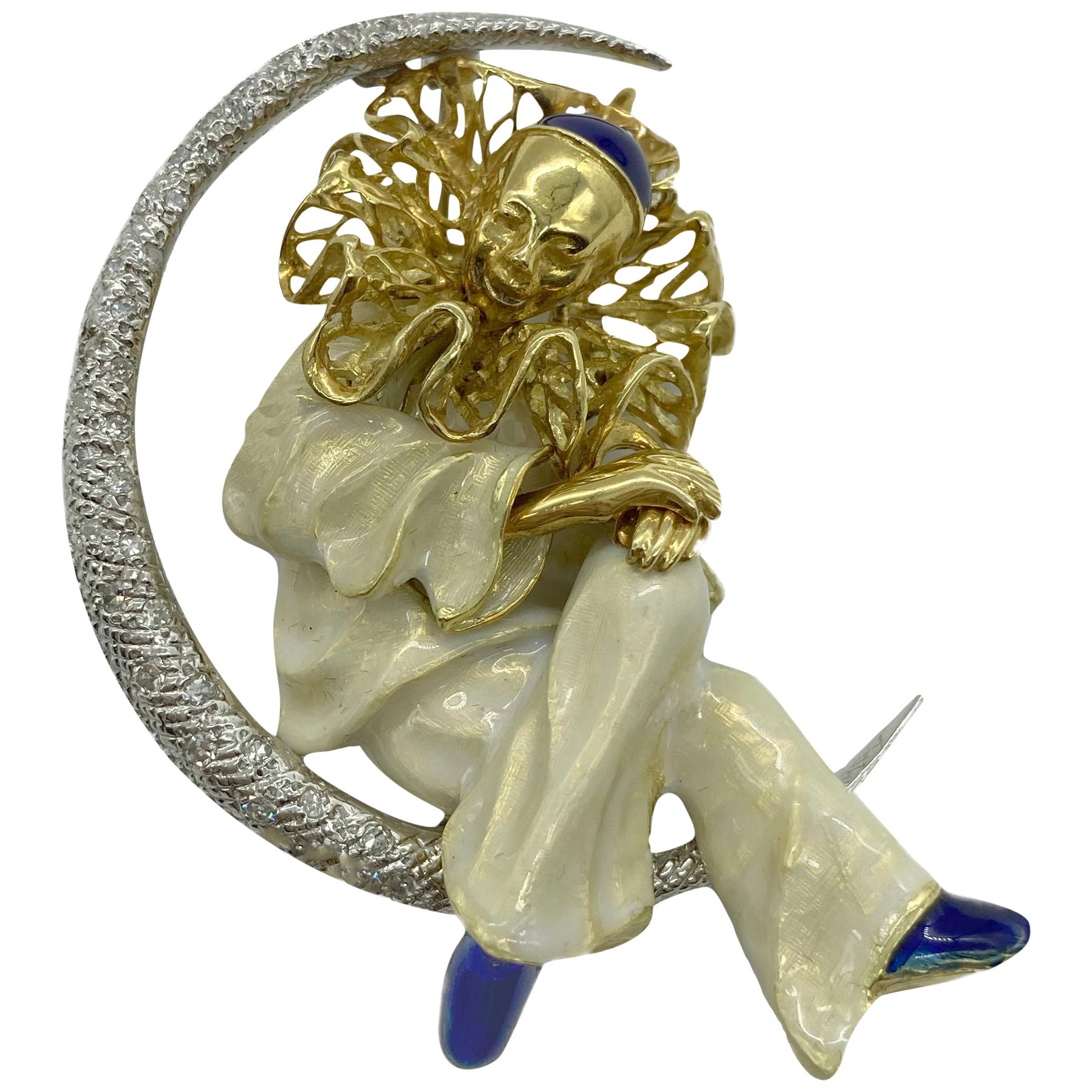 Enamel and Diamond Pierrot Lunaire Moon Brooch For Sale