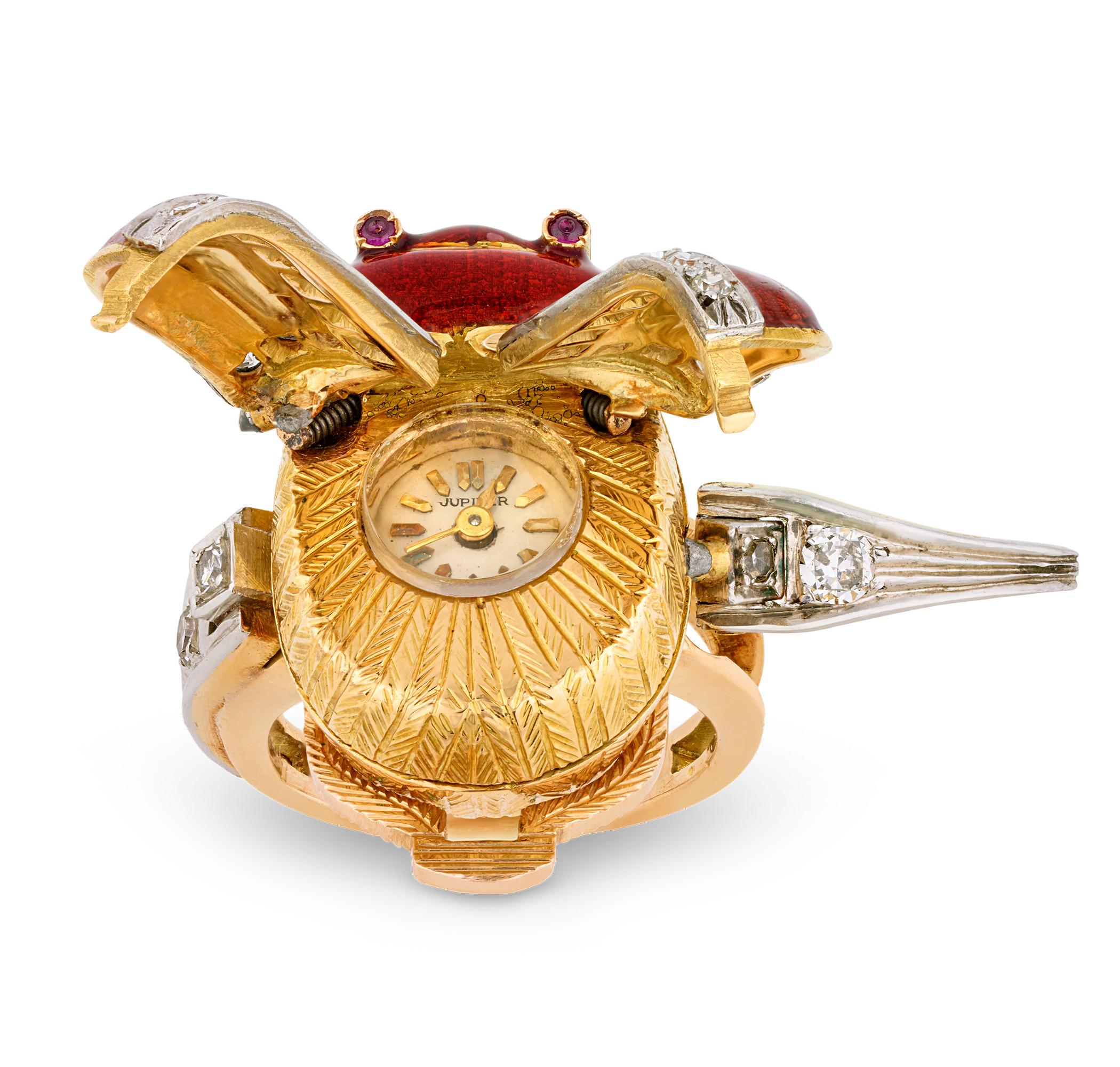 Retro Enamel and Diamond Scarab Ring Watch For Sale