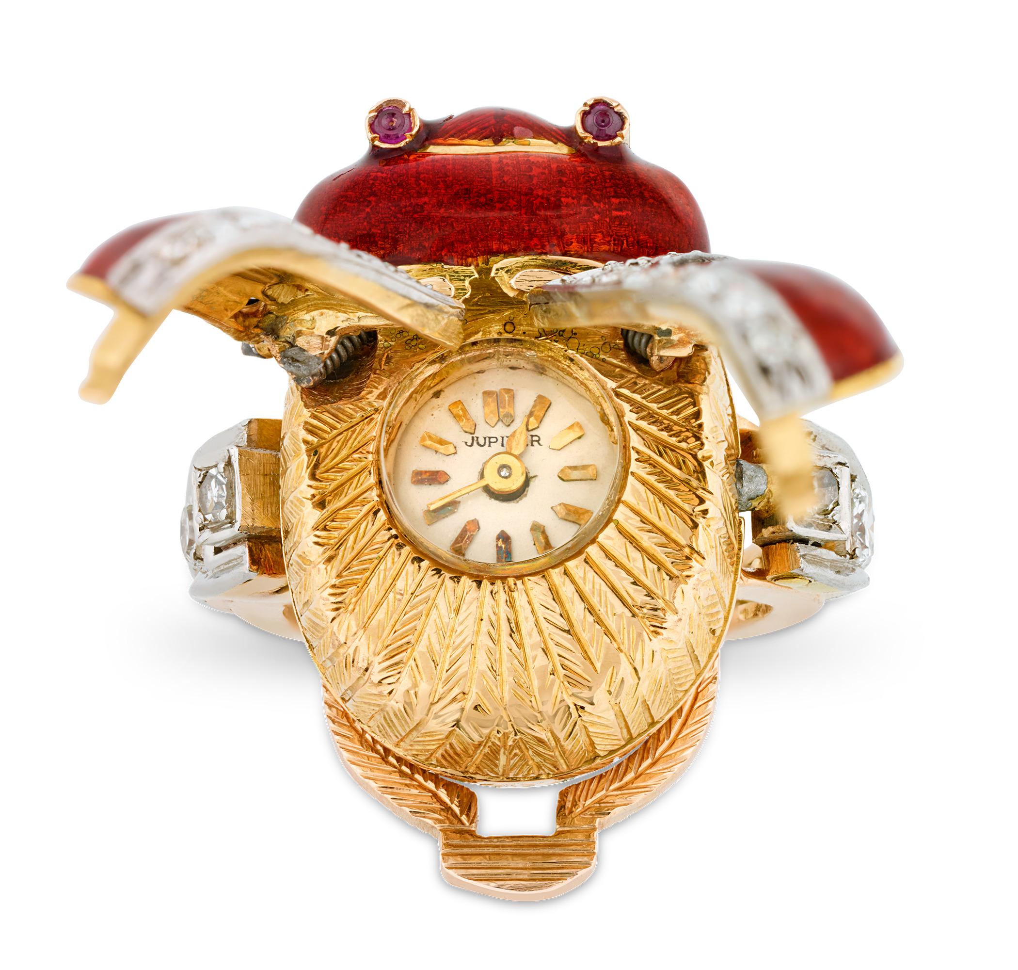 Single Cut Enamel and Diamond Scarab Ring Watch For Sale