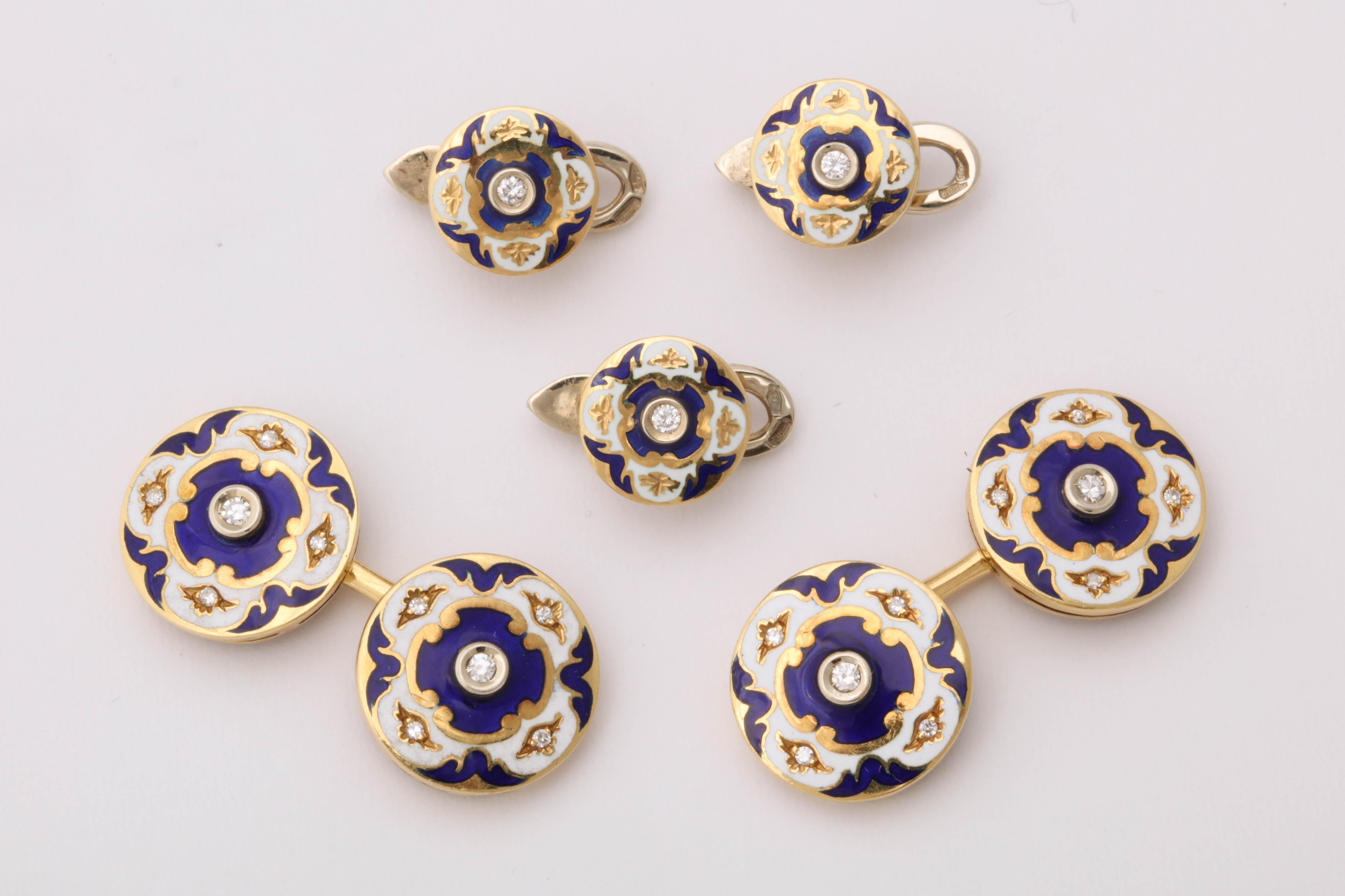 Vintage Stud Set with Double sided 18kt Yellow Gold Cuff Links - each side set with a center Diamond and enameled in a rich Blue and White  Brocade pattern and also set with 4  tiny Diamonds.  The studs are three, in number, as seen in older sets