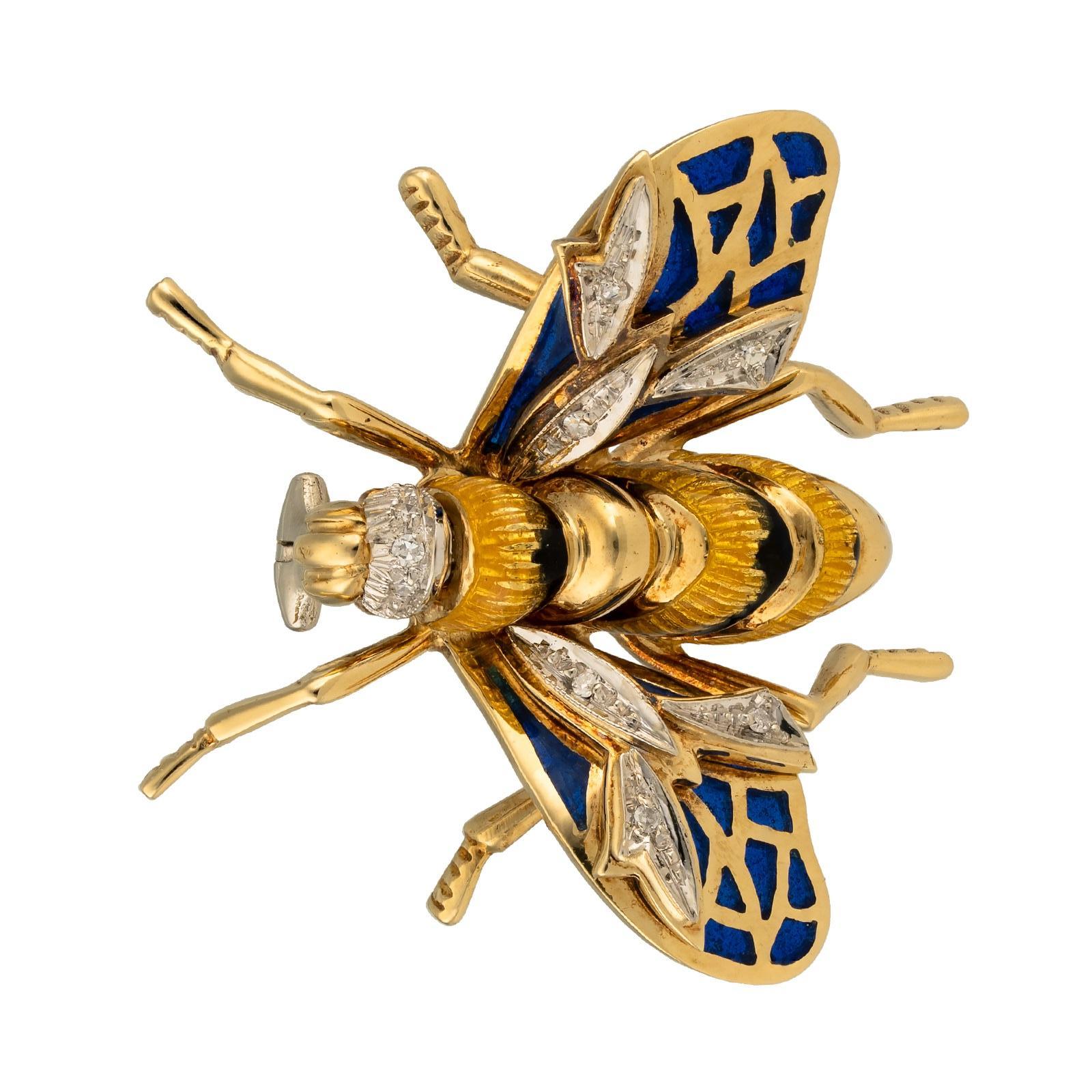 Art Nouveau Retro Gold Bee Brooch with Diamonds and Enamel For Sale
